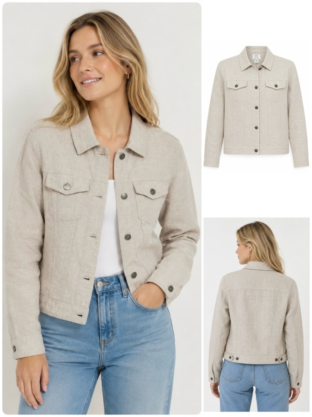 JNY 100% LINEN Trucker Jacket Four Pockets Lightweight Unlined Metal Buttons